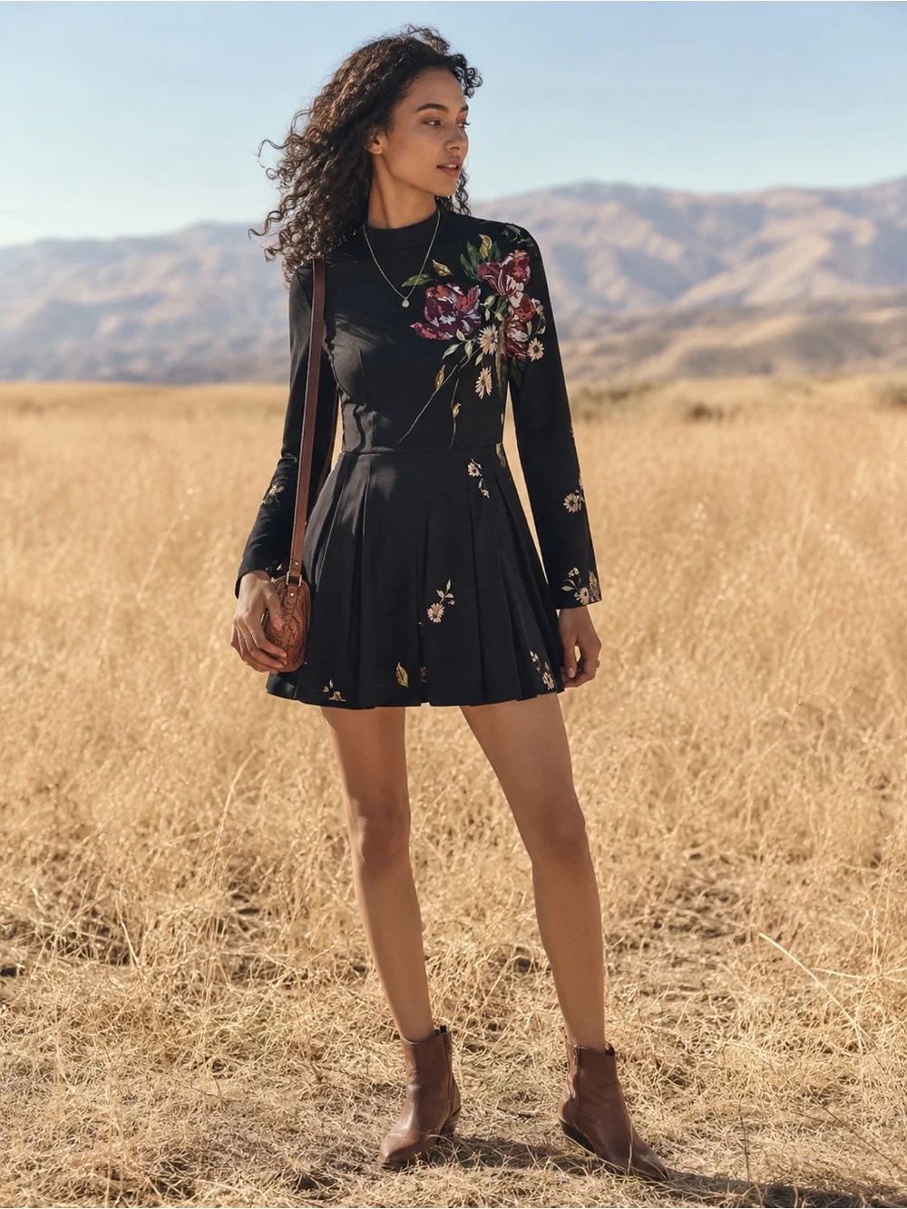 Free People Gemma Tunic Dress Small Black Floral Open Back Mini